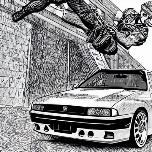 Image similar to beautiful hyper-detailed illustration of a ninja warrior with a sword, driving through the city, in a modified Nissan skyline r34