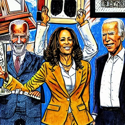 Image similar to The Artwork of R. Crumb and his Cheap Suit - Joe Biden and Kamala Harris, pencil and colored marker artwork, trailer-trash lifestyle