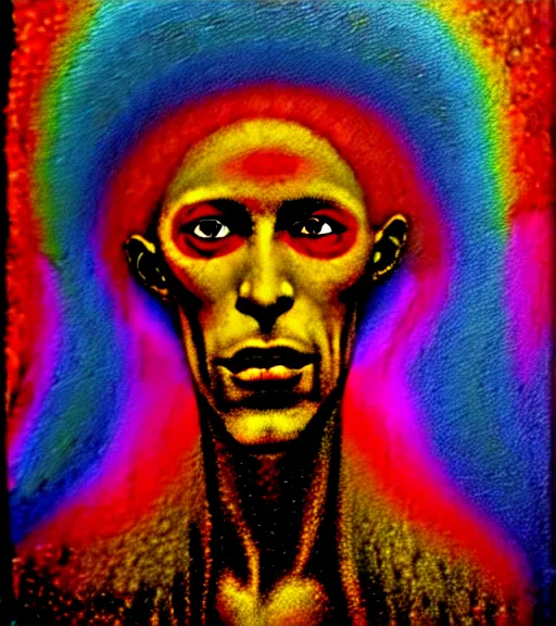Image similar to Portrait painting in a style of Beksinski mixed with Alex Grey of an old shaman dressed in a colorful traditional clothes. psychodelic