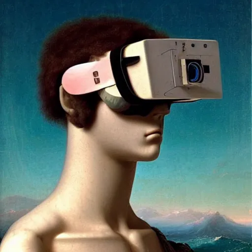 Prompt: David Friedrich, award winning masterpiece with incredible details, a surreal vaporwave vaporwave vaporwave vaporwave vaporwave painting by Thomas Cole of an old pink mannequin head wearing VR goggles with cables and wires coming out of it's neck, highly detailed