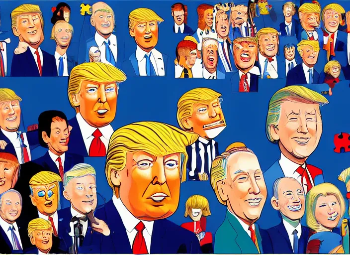 Prompt: donald trump, a jigsaw puzzle by charles schulz, behance contest winner, naive art, official art, colorized, digitally enhanced