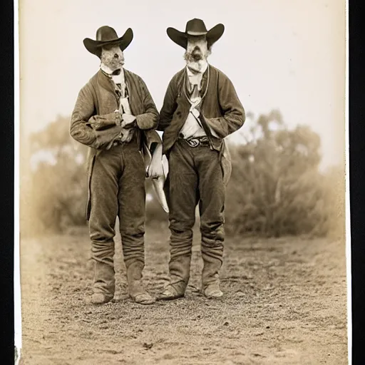 Prompt: kangaroo and wallaby dressed as cowboys, small town, 1 8 6 0 s, photo