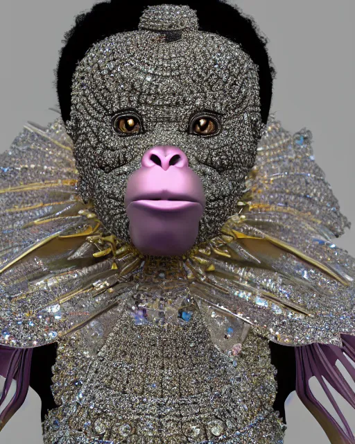 Prompt: a highly detailed metahuman 8 k close up render of a chimp renaissance in iris van herpen dress schiaparelli in diamonds crystals swarovski and jewelry iridescent in style of alphonse mucha gustav klimt trending on artstation made in unreal engine 4