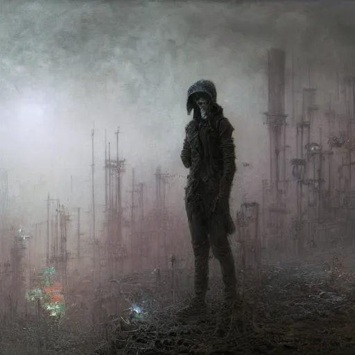 Image similar to lost and alone in an industrial wasteland by gustave dore and gustave moreau and beksinski and giger and craig mullins and jeremy mann