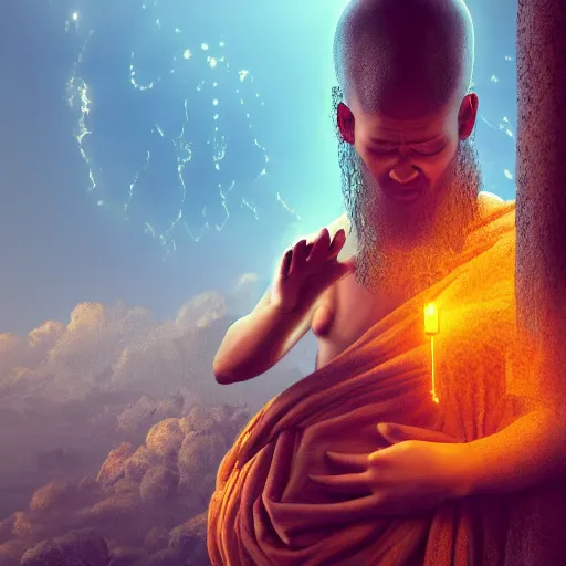 Image similar to Photorealistic levitating monk god. Hyperdetailed photorealism, 108 megapixels, amazing depth, glowing rich colors, powerful imagery, psychedelic Overtones, 3D finalrender, 3d shading, cinematic lighting, artstation concept art