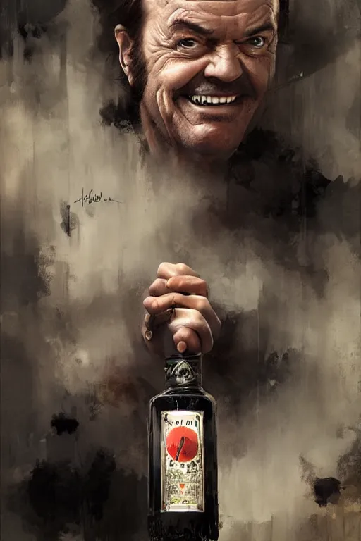 Image similar to a bottle of jack nicholson, jack nicholson is the bottle, jack is in the bottle, by artgerm, ruan jia, greg rutkowski