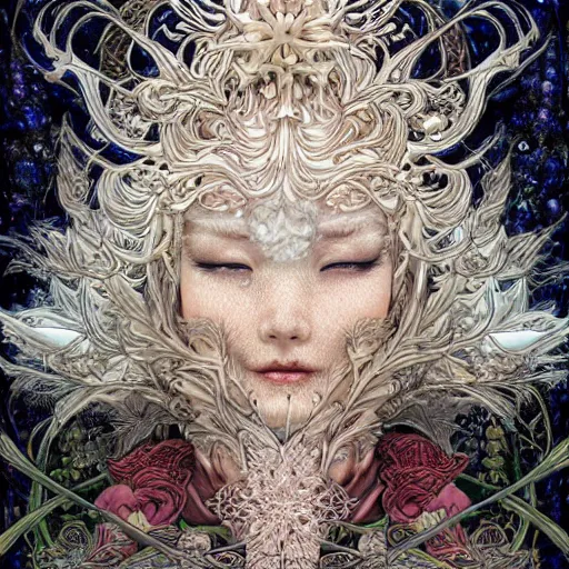 Image similar to of intricate and detailed beautiful frozen flower, symmetrical, by yoichi hatakenaka, masamune shirow, josan gonzales and dan mumford, ayami kojima, takato yamamoto, barclay shaw, karol bak