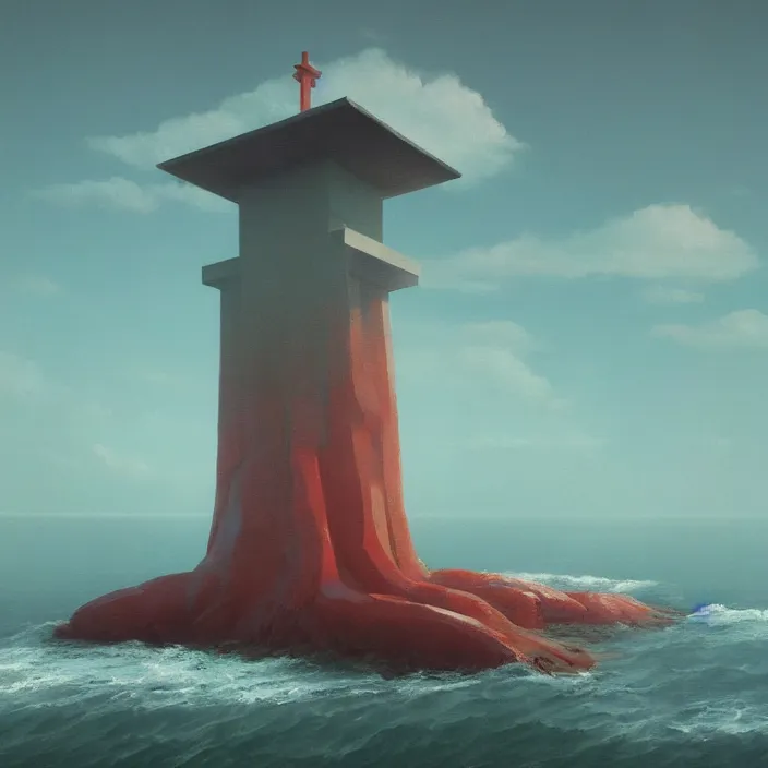 Prompt: a beautiful painting of a torii at sea by simon stalenhag and zdzisław beksinski and rene magritte and greg rutkowski, in style of digital art. hyper detailed, sharp focus, soft light. unreal engine 5. ray tracing. trending on artstation