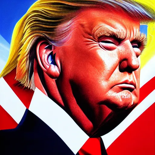 Image similar to alex ross painting of donald trump, sun rays, glorious, victory, usa, heroic