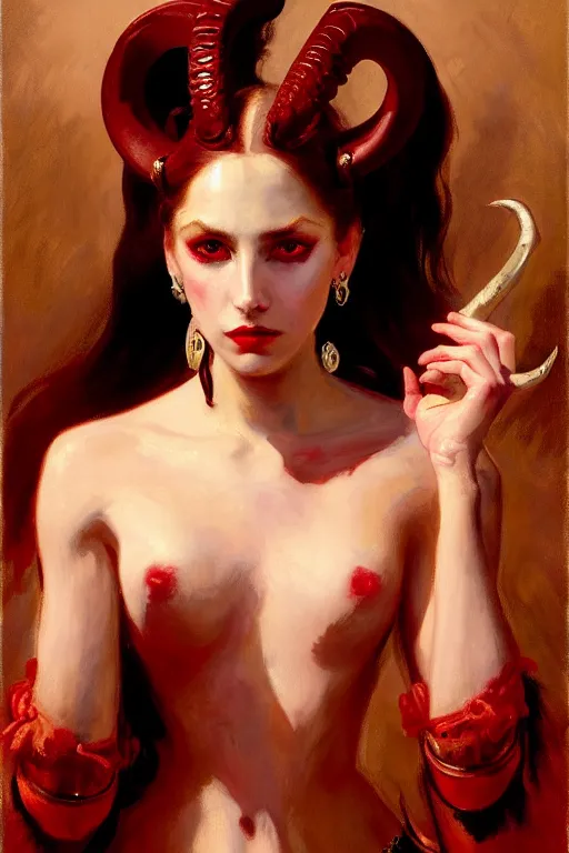 Image similar to painted close - up portrait of a attractive red - skinned intimidating demon girl with ram horns! oil painting, wearing a noblewoman's outfit, fantasy art by john singer sargent and gaston bussiere, and guillermo del toro, demon noble character design, hd