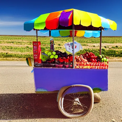 Prompt: super colorful pop rock candy, fruit stand on the side of a dusty country road, dramatic outdoors, 8 k, 4 k, trending on artstation cgsociety, octane ue 5