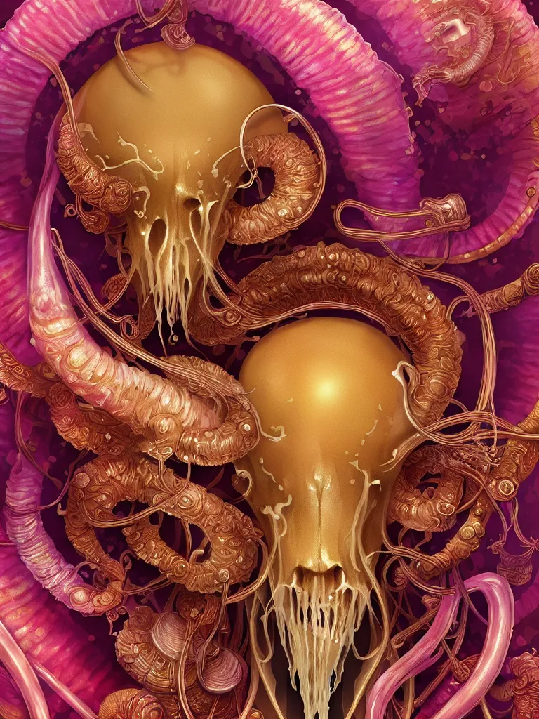 Image similar to close-up portrait ram skull abstract 3d composition. jellyfish phoenix head, nautilus, orchid, moebius, mucha, New art nouveau, skull, gold betta fish, bioluminiscent creatures, intricate artwork by Tooth Wu and wlop and beeple. octane render, trending on artstation, greg rutkowski very coherent symmetrical artwork. cinematic, hyper realism, high detail, octane render, 8k