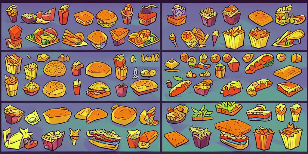 Prompt: game asset, concept art of fast food, high quality pixel art, rpg, very coherent and colourful high contrast masterpiece.