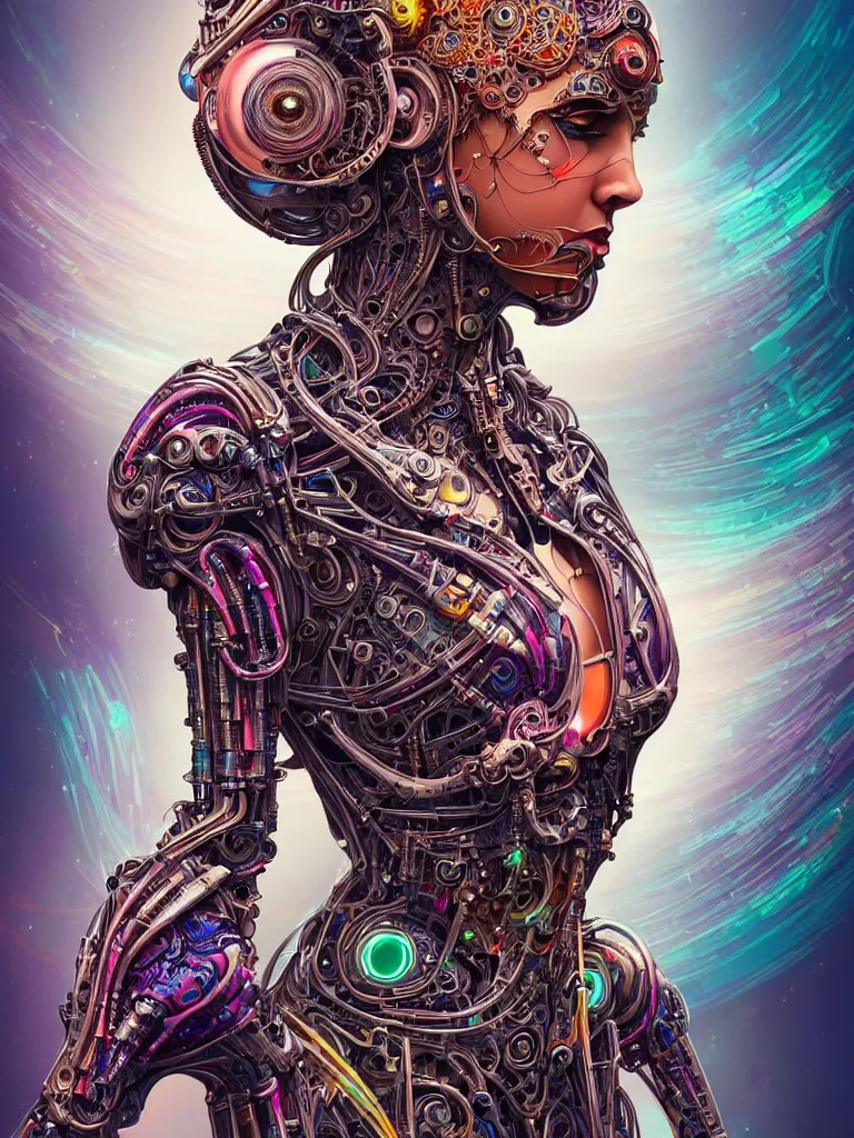 Image similar to full lenght shot woman in biomechanical dress, wearing epic bionic cyborg implants of different colors, detailed intricate ornate cables, by dan mumford, masterpiece, intricate, elegant futuristic wardrobe, highly detailed, artstation, concept art, background galaxy, cyberpunk colors, art by artgerm