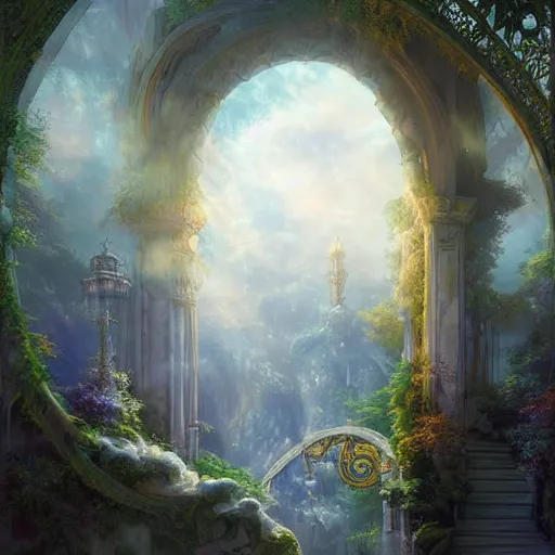 Prompt: large intricately decorated arch, view to a fantasy world, ethereal back light, mist, coherent composition, fantasy painting by artgerm, greg rutowski, noriyoshi ohrai, yuumei