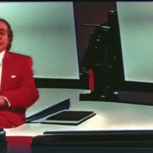 Image similar to 1985 Stewart Pankin as Bob Charles dressed in a red suit and necktie sitting at a news desk, videotape still from 1985