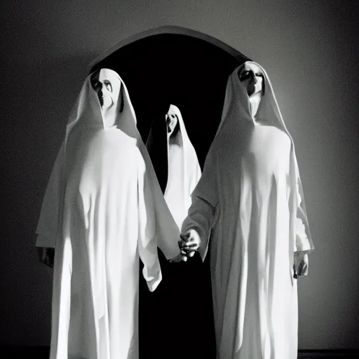 Image similar to nightmare vision, black and white, award winning photo, levitating twin nuns, wearing translucent sheet, Mary in a sanctuary, mirror hallways, eerie, frightening —width 1024 —height 1024