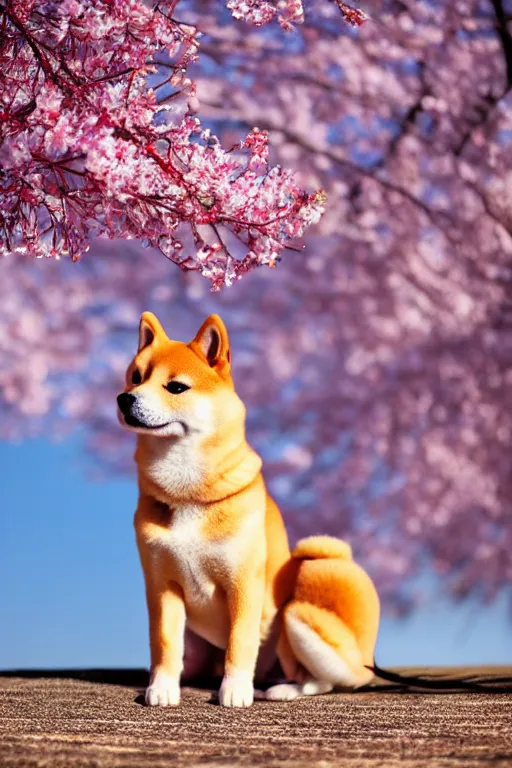 Prompt: shiba inu puppy sits under cherry blossom tree, cinematic light, 8k photography