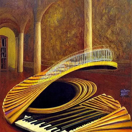 Image similar to benjamin netanyahu, spiraling floating piano, mirrors, by michael cheval