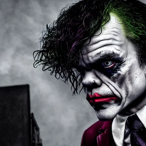 Image similar to stunning awe inspiring peter dinklage as the joker, movie still 8 k hdr atmospheric lighting