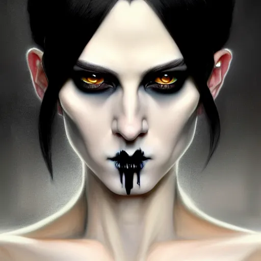 Image similar to portrait painting of an androgynous goth witch with shoulder length flowing black hair pale skin and beautiful dark brown eyes, ultra realistic, concept art, intricate details, eerie, highly detailed, photorealistic, octane render, 8 k, unreal engine. art by artgerm and greg rutkowski and magali villeneuve