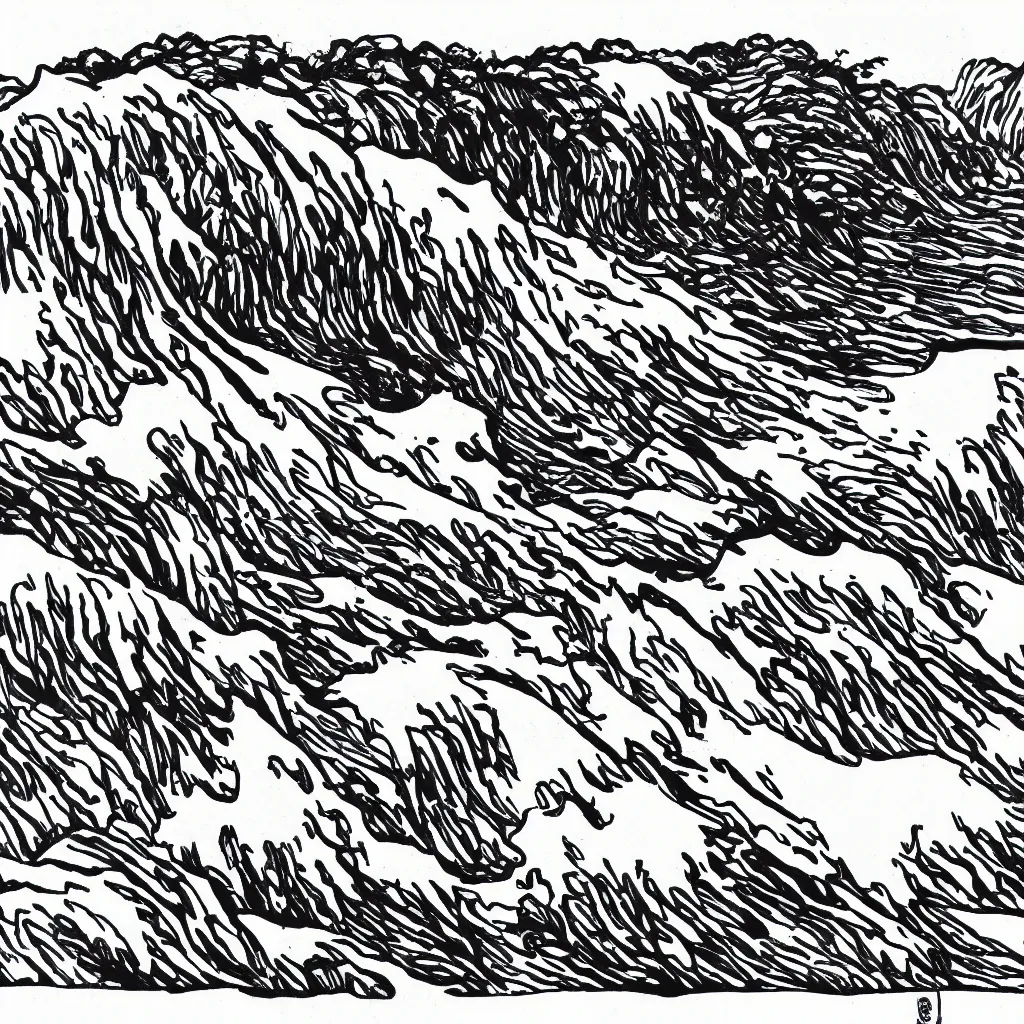 Prompt: mountain and wave black and white lineart, hokusai style