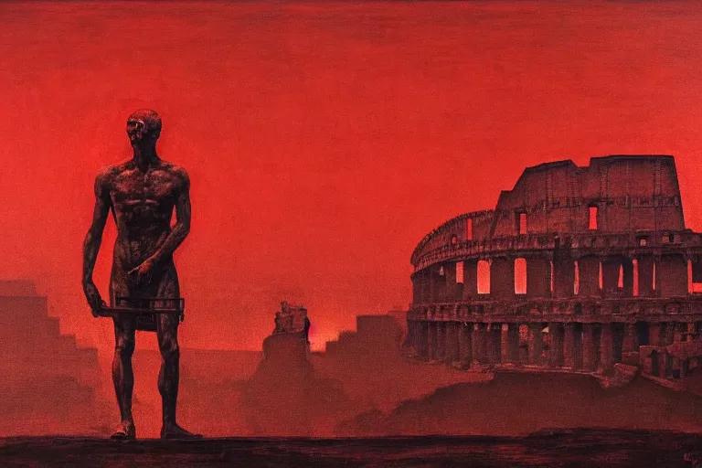 Image similar to only with red, caesar after war, a red tiger, in hoc signo vinces, rome in background, an ancient path, in the style of beksinski, part by hopper, part by rodcenko, part by hofbauer, intricate composition, red by caravaggio, insanely quality, highly detailed, masterpiece, red light, artstation