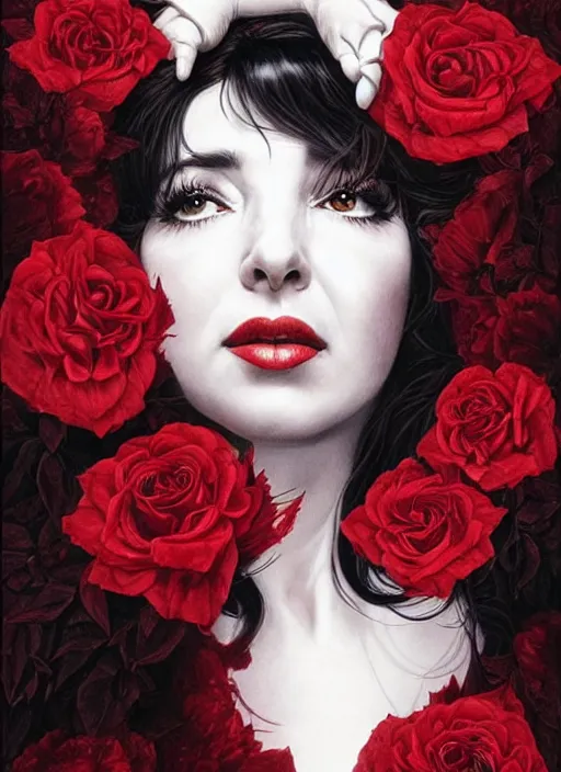 Image similar to portrait of kate bush against a red velvet background, lush black hair, pale skin, white roses, flowing material, intricate, beautiful cinematic lighting, stuning painting by artgerm and caravaggio and android jones