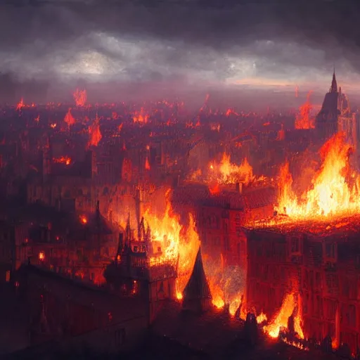 Image similar to medieval kingdom brightly burning in flames as seen from the sky, digital art, highly detailed, dark colours, 8 k, intricate, moody lighting, by greg rutkowski