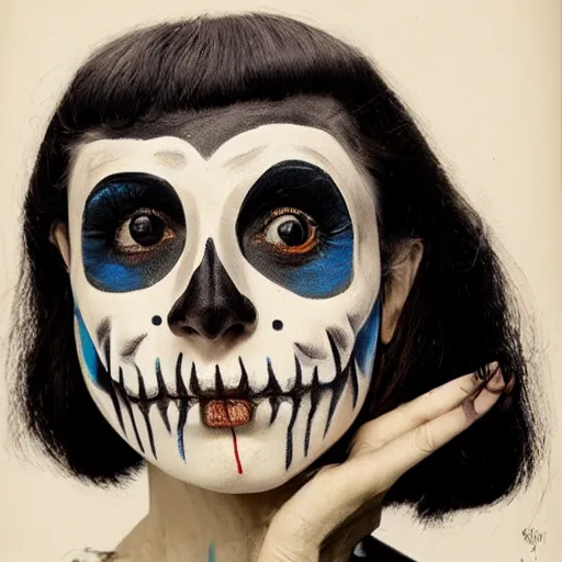 Image similar to a woman with a skeleton face painted on her face, a character portrait by edna mann, behance, pop surrealism, freakshow, 1 9 7 0 s, surrealist