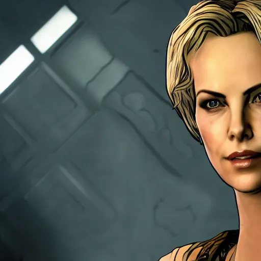 Image similar to charlize theron portrait, borderlands, tales from the borderlands, the wolf among us, comic, cinematic lighting, studio quality, 8 k