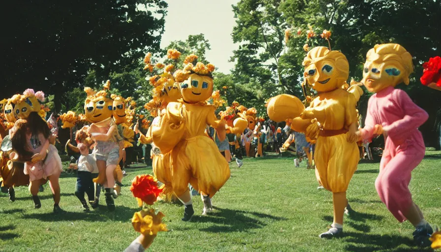 Image similar to 1990s candid photo of a beautiful day at the park, cinematic lighting, cinematic look, golden hour, large personified costumed flower people in the background, Enormous flower people mascots with friendly faces chasing kids, kids talking to flower people that are kinda scary, UHD