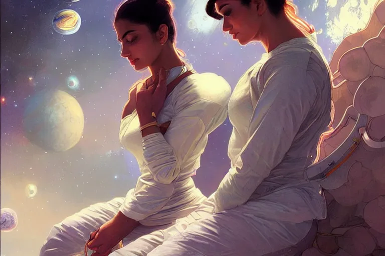 Image similar to Sensual good looking pale young Indian doctors wearing jeans in a space station above Earth performing surgery, portrait, elegant, intricate, digital painting, artstation, concept art, smooth, sharp focus, illustration, art by artgerm and greg rutkowski and alphonse mucha