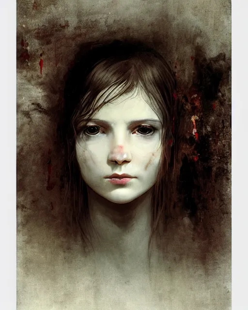 Prompt: a beautiful and eerie baroque painting of a beautiful but creepy girl in layers of fear, with haunted eyes and dark hair piled on her head, 1 9 7 0 s, seventies, wallpaper, a little blood, morning light showing injuries, delicate embellishments, painterly, offset printing technique, by brom, moebius, robert henri, walter popp