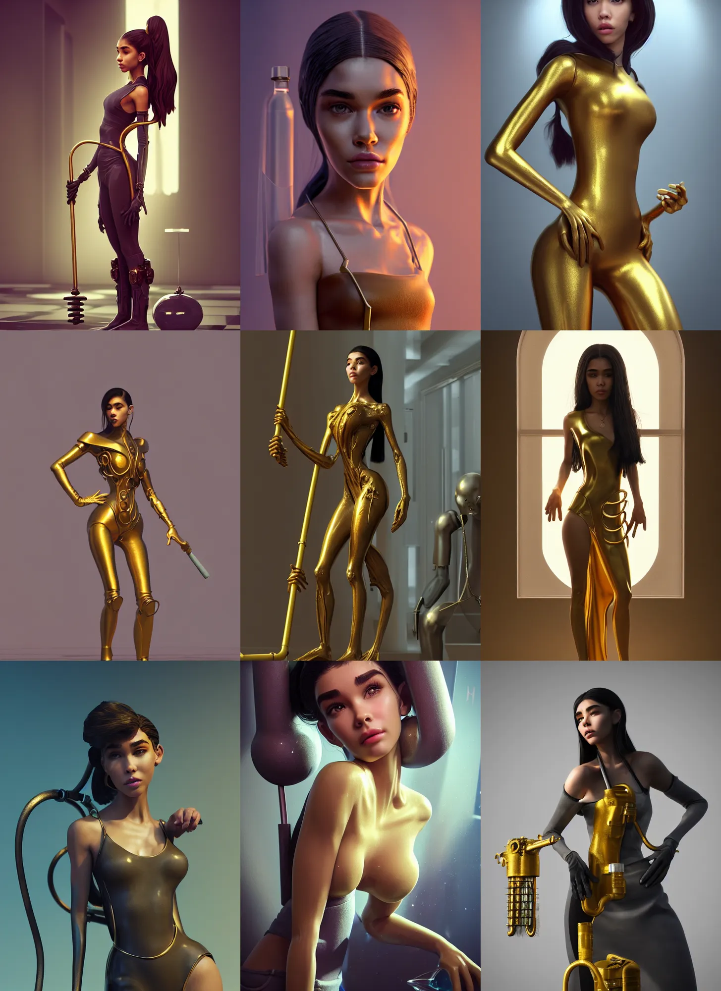 Prompt: biotech madison beer as a janitor | sculptural jewelry | glamorous oily soft polished rich alluring ornate modern | weta disney movie still photo | hi - fructose, sci fi fantasy, golden ratio, smooth, octane render, sharp focus, artstation, concept art | artgerm, feng zhu, beeple |
