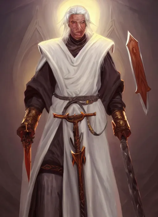 Image similar to a highly detailed illustration of sadistic white haired tanned african priest wearing white robe, wielding bloody cross sword, gothic church background, intricate, elegant, highly detailed, centered, digital painting, artstation, concept art, smooth, sharp focus, league of legends concept art, wlop