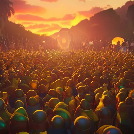 Prompt: gnome crowd mosh pit on a rave in piles of gold on a beautiful sunset, hyperrealistic hasselblad photo, octane render, trending on artstation