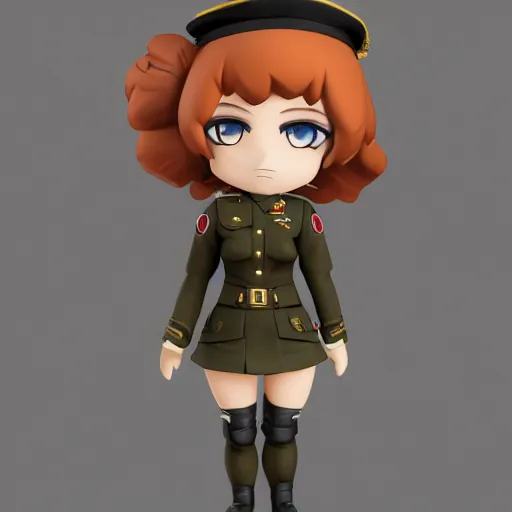 Image similar to a well built funny nendroid girl wearing a luxurious military uniform, highly detailed digital art, intricate, dark colors, cartoon lighting, 8 k