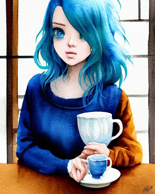 Image similar to watercolor painting of a pretty girl with Blue hair, wearing an oversized sweater, sitting by a windowsill, night, holding a mug of hot tea. In the style of ilya kuvshinov, dramatic lighting, fantasy, intricate, elegant, highly detailed, lifelike, photorealistic, digital painting, bokeh, HDR, high resolution, artstation, concept art, smooth, sharp focus, art by Krenz Cushart and Albert Aublet