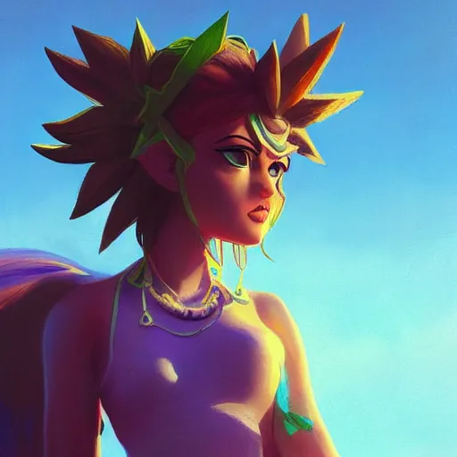 Prompt: portrait, palutena from smash, surreal photography, sunrise, blue sky, dramatic light, impressionist painting, digital painting, artstation, simon stalenhag