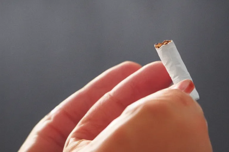 Image similar to Close-up of cigarette in five fingers, thin soft hand holding cigarette, hyper realistic, natural