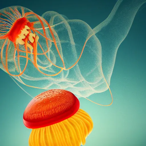 Prompt: hamburger mix jellyfish, cg, 8 k, surrealistic, sharp focus, style by andy warhol