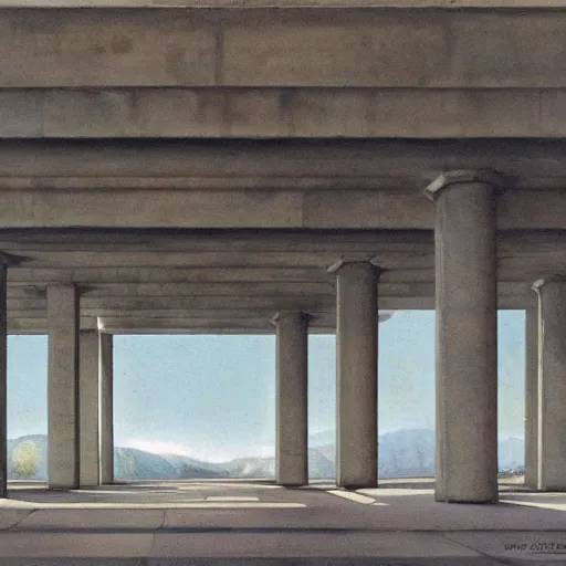 Prompt: classical landscape paintings of brutalist concrete structures