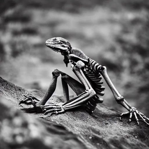 Image similar to a skeleton lizard man, nature photography, cinematic,