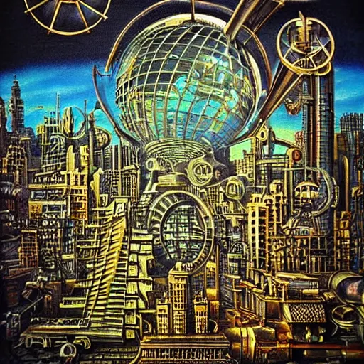 Image similar to grainy vintage 70s airbrush art, steampunk metropolis, highly detailed