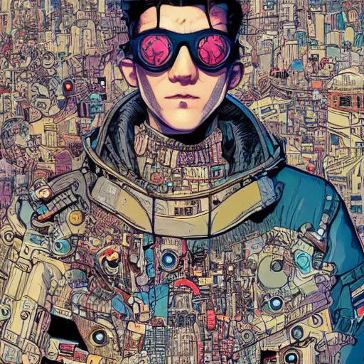 Prompt: hyper detailed comic illustration of a cyberpunk Tom Holland wearing a futuristic sunglasses and a gorpcore jacket, markings on his face, by Josan Gonzalez and Geof Darrow, intricate details, vibrant, solid background, low angle fish eye lens