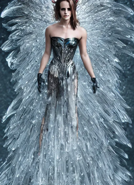 Prompt: expressive full body photo of emma watson, headpiece made from water, dress made of steel blades, glamour shot, by karol bak, stefan gesell, photorealistic, canon, fashion photography, hyper maximalist, elegant, ornate, luxury, elite, environmental portrait, symmetrical features, octane render, unreal engine, solid dark grey background, dramatic lights