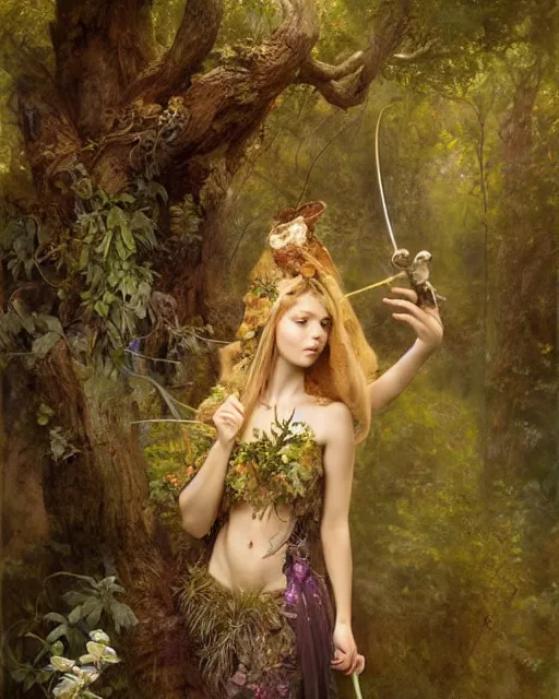 Image similar to dryad musician, portrait, accompanied by a feathered mouse, studio lighting by jessica rossier and brian froud and gaston bussiere