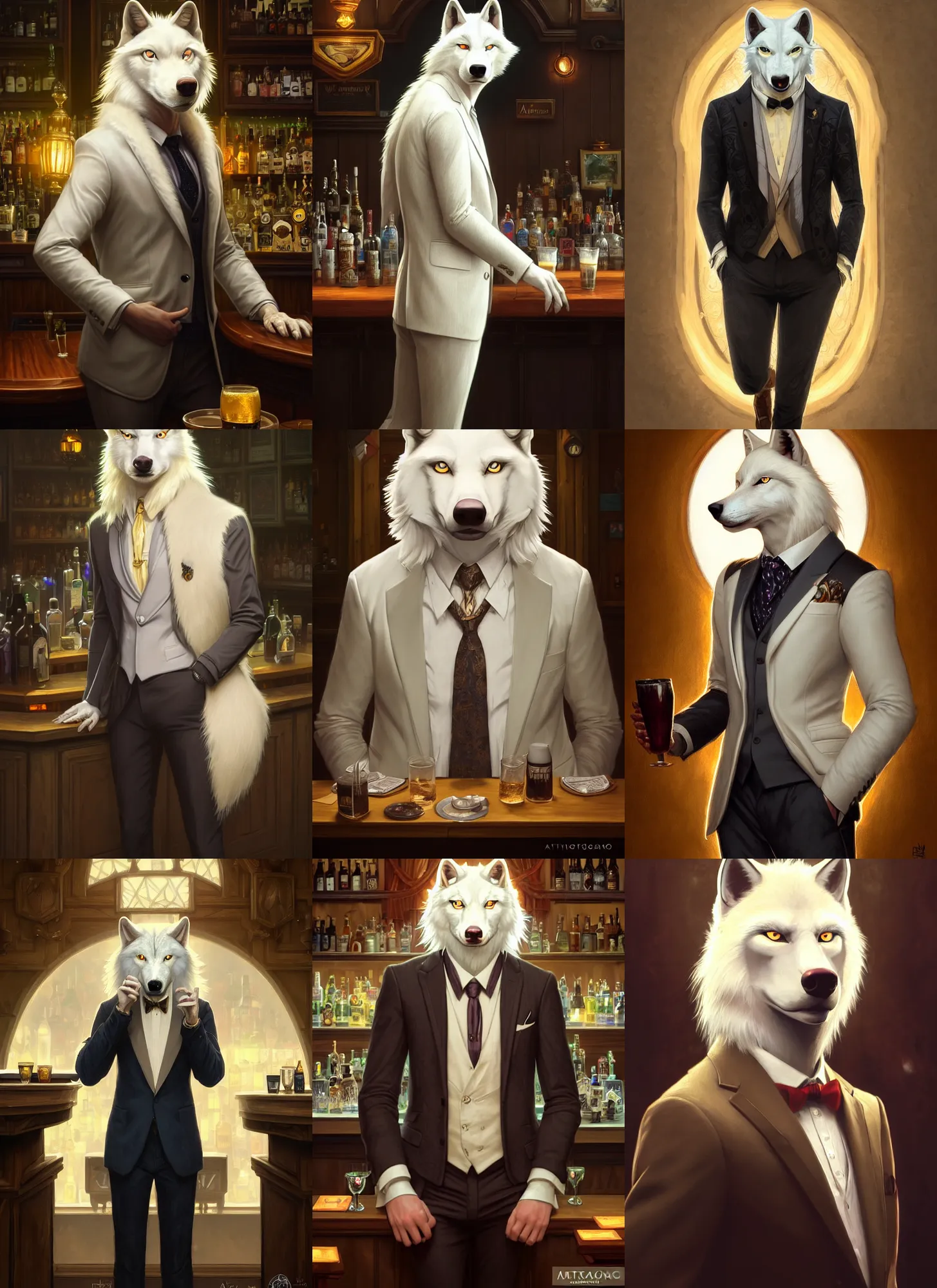 Prompt: photography of a male anthropomorphic albino wolf fursona wearing a nice suit at a bar, deep focus, intricate, elegant, highly detailed, digital painting, artstation, concept art, matte, sharp focus, illustration, hearthstone, art by artgerm and greg rutkowski and alphonse mucha