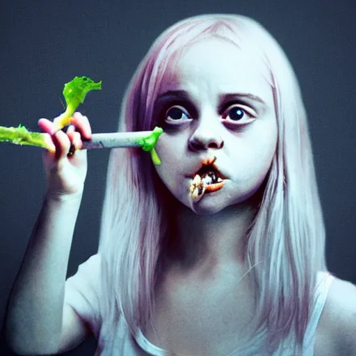 Image similar to young zombie christina ricci eating a clove of garlic, art by beeple